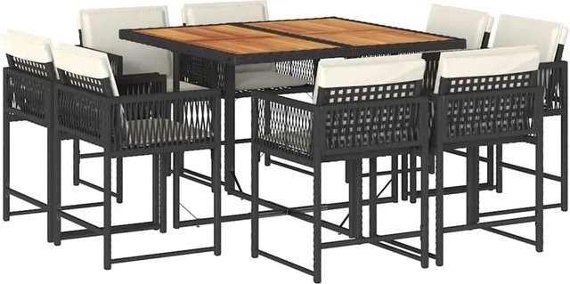 vidaXL 9-teilige Garten-Essgruppe aus Poly-Rattan und Akazienholz in Schwarz mit Kissen für Garten, Hinterhof und Terrasse - Bild 1