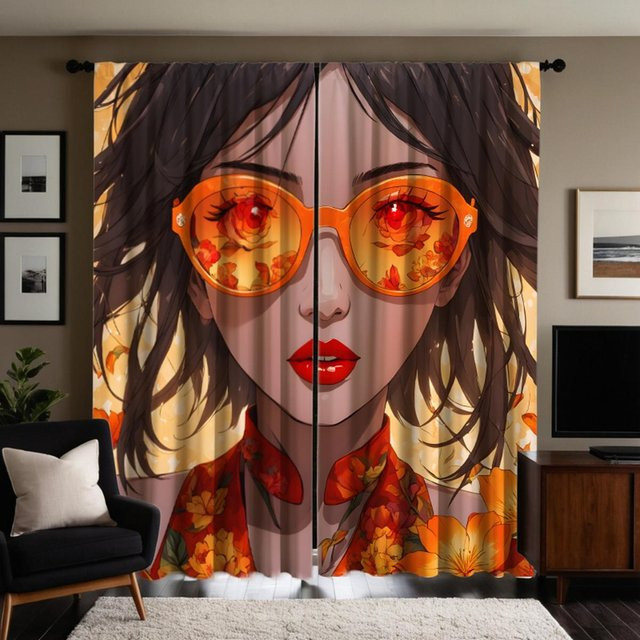 2er-Set dekorative Vorhänge mit Cartoon Mädchen Motiv in Gelb, halbtransparent mit digitalem Druck, B: 132 cm, H: 160 cm - Bild 1
