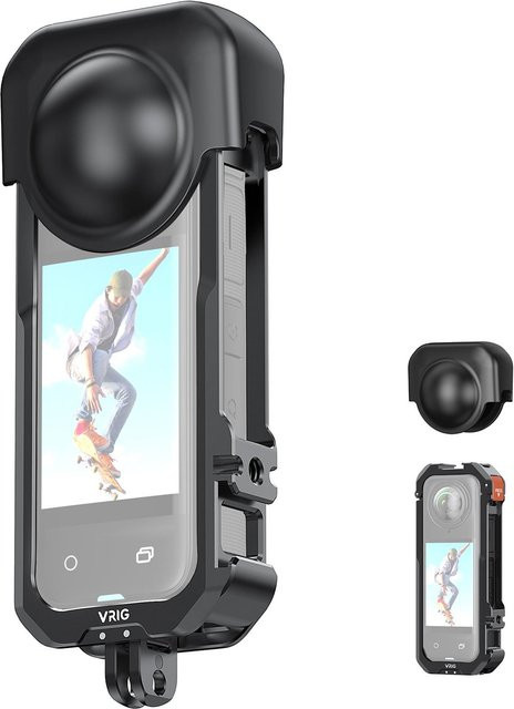 Andoer Video-Cage für Insta360 X4 aus Aluminiumlegierung mit doppelten Cold-Shoe-Halterungen und Silikonlinse in Schwarz - Bild 1