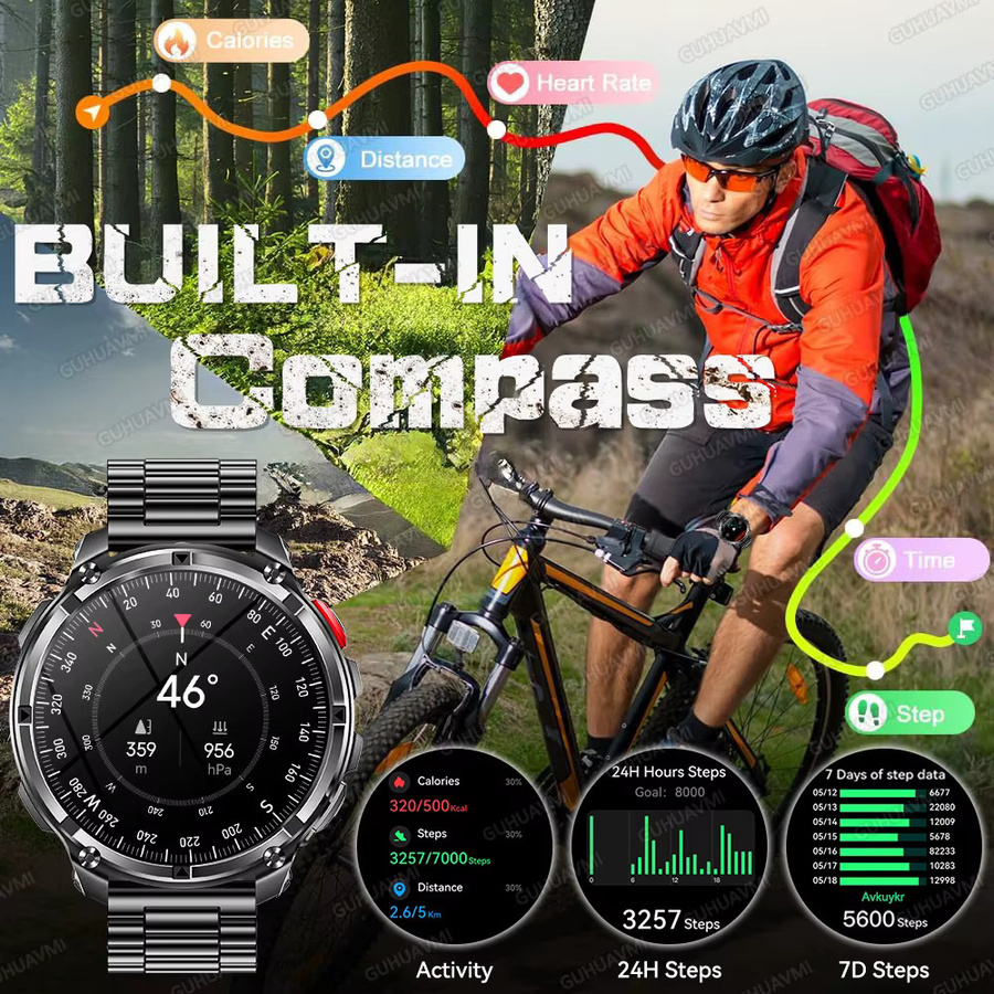 GUHUAVMI Smartwatch Militär-Design mit 1,7 Zoll AMOLED Display, GPS, Kompass und 5ATM Wasserdichtigkeit, Schwarz, 1100 mAh Akku - Bild 4