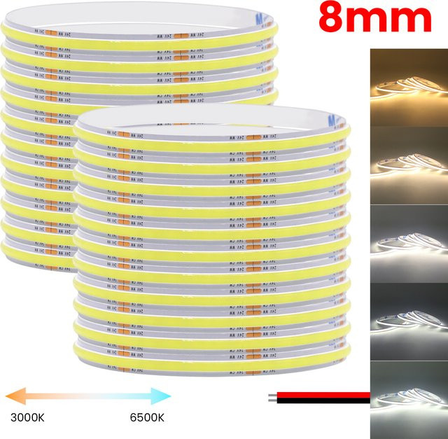 XUNATA COB LED-Streifenlicht 24V mit 480 LEDs/M, CCT Zweifarbig 2700K bis 6500K, dimmbar und selbstklebend, Farbe Weiß - Bild 1
