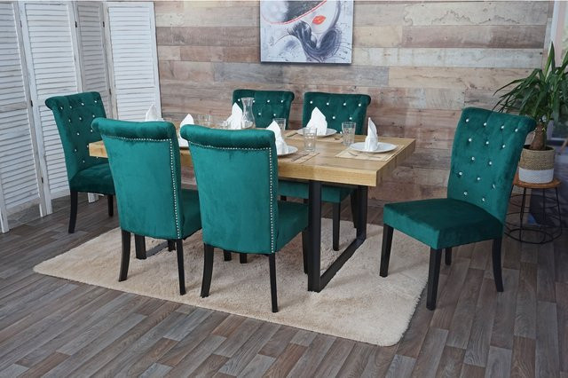 6er-Set MCW Esszimmerstuhl D22 in Dunkelgrün mit Samtbezug und Knopfsteppung im Chesterfield-Design, Schwarze Beine - Bild 1