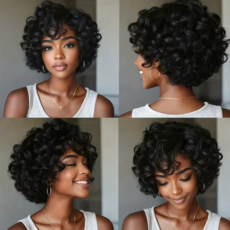 OYM HAIR Bob-Pixie-Perücke, Echthaar, schwarz, mit Pony, Damen - Bild 2