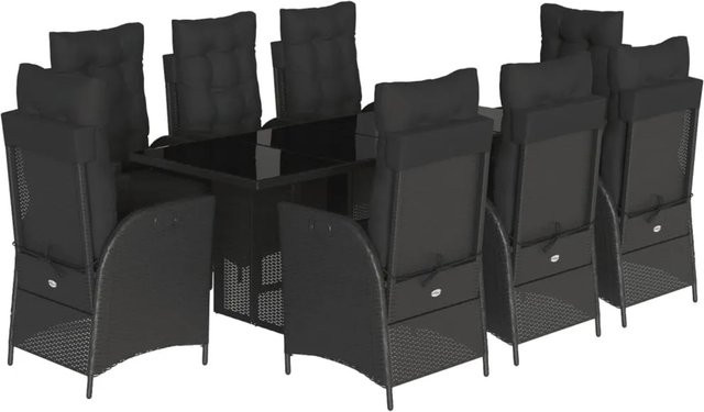 vidaXL 9-tlg Garten-Essgruppe aus Poly-Rattan mit Hartglas und Kissen, Schwarz - Bild 1