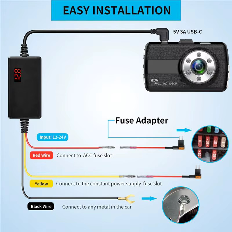 70mai Classic-Circuit Board Hardwire Kit mit USB-C für 12V/24V zu 5V Niederspannungsschutz in Schwarz für 70mai T800 M800 A810 Omni X800 - Bild 4