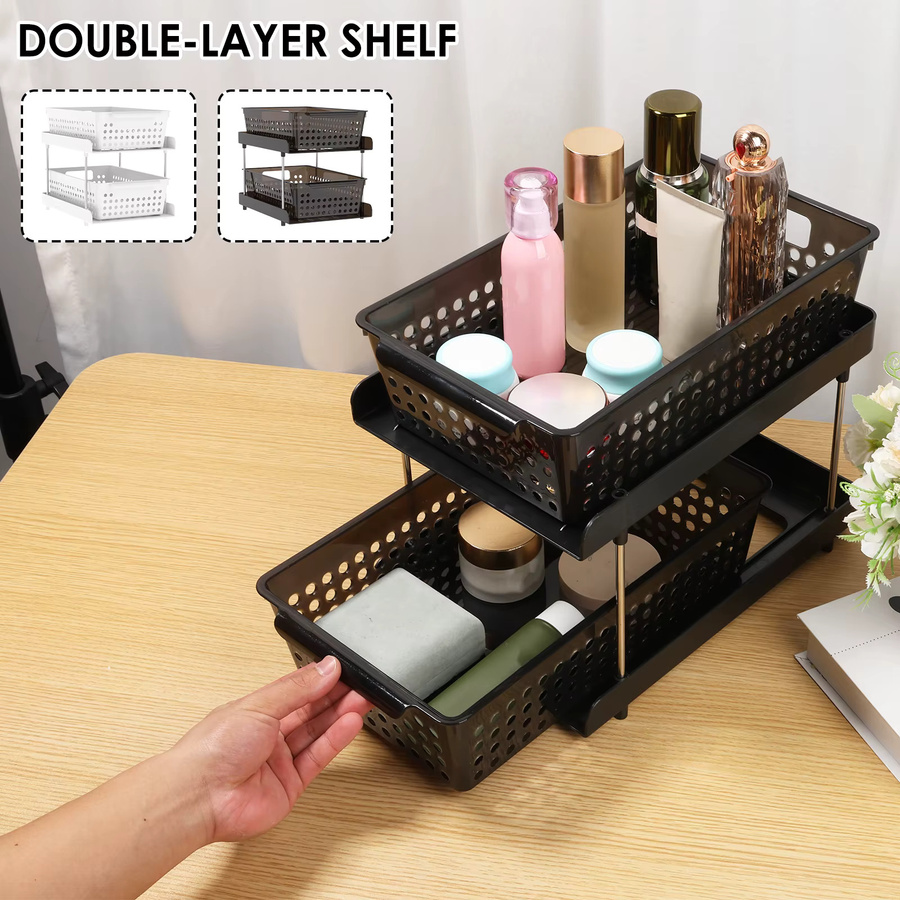 Willstar Ausziehbarer Schrank-Organizer in Schwarz, Doppelschichtiger Schubladeneinsatz aus Kunststoff für Küche und Badezimmer, Breite: 32,0 cm, Tiefe: 26,5 cm - Bild 3