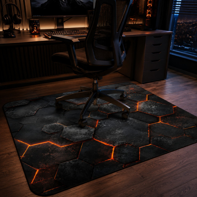 VIKAMA Lava Glow Hexagon Gaming-Teppich in Schwarz, rutschfest, geräuscharm und stuhlgeeignet für dein E-Sport-Spielzimmer oder Home-Office - Bild 1