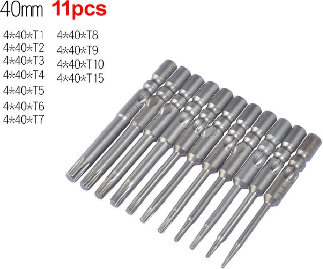 Paowuxian 11-teiliges magnetisches Stern-Torx-Schraubendreher-Bit-Set in Silber, 40 mm Länge, 4 mm Rundschaft, T1 bis T15 - Bild 1