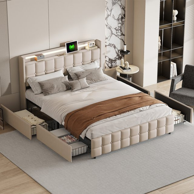 Anajqaqia Gepolstertes Doppelbett mit 4 Rollschubladen und Kopfteil in Beige, B/T: 180 x 200 cm - Bild 1
