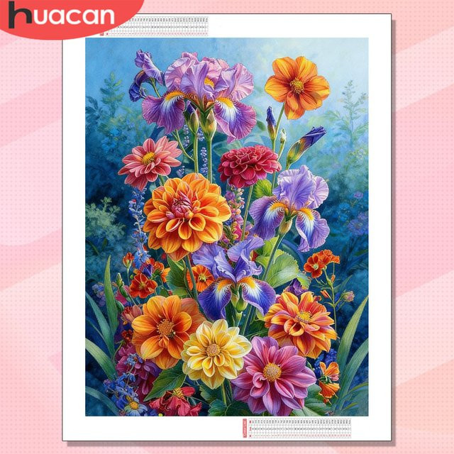 HUACAN Diamant-Mosaik Set mit Chrysanthemen und Iris Blumenmuster in Multicolour, 5D Strass-Bild für deine Heimdekoration, B/H: 30,0 x 20,0 cm - Bild 1