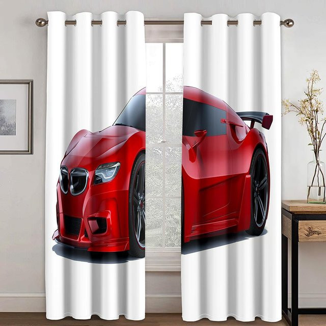 2er Set Sportwagen Vorhänge mit 3D-Design in Rot für Kinderzimmer und Wohnzimmer, B: 50 cm, H: 130 cm - Bild 1