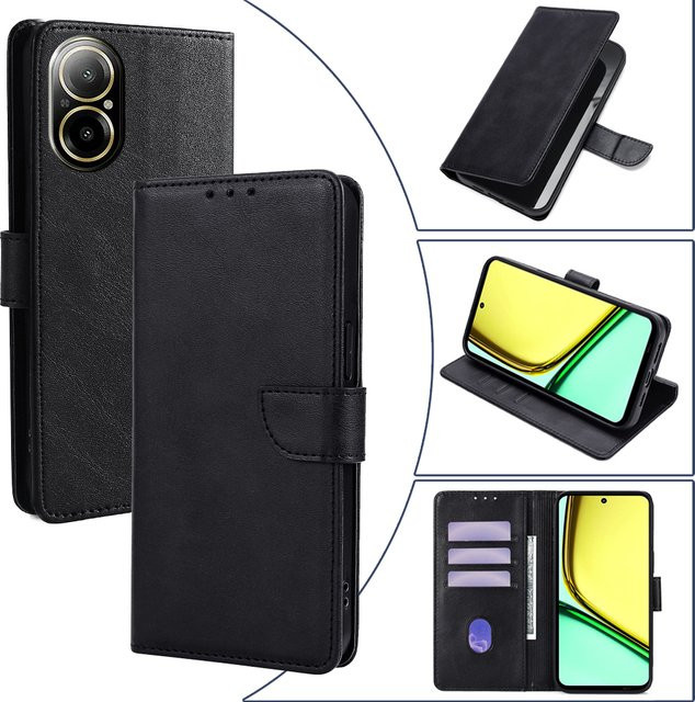 Business Wallet Case Leder Handyhülle mit Magnetschnalle und Kartenfächern für Realme C67 C55 C53 C35 C33 C31 C30S C30 C21Y C25Y C21 C20 in Schwarz oder Blau - Bild 1