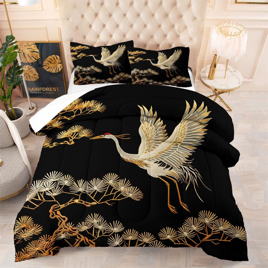 Bettwäsche Set Chinoiserie Design mit Kiefer und Kran in Schwarz Gold und Weiß, Queen Size Bettbezug und Kissenbezüge aus Mikrofaser, B/H: 228 x 228 cm - Bild 3
