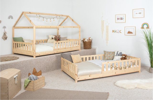 TiCAA 2 in 1 Montessori Hausbett aus Kiefer Massivholz mit abnehmbarem Dach und Rolllattenrost, weiß - Bild 1