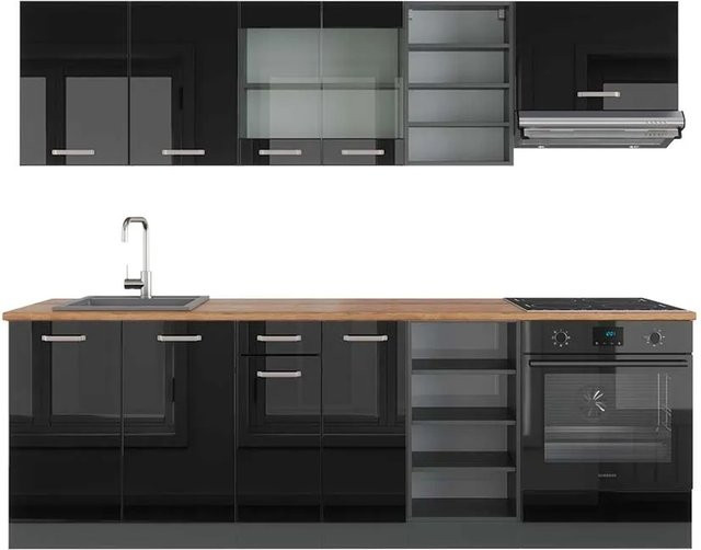 Vicco R-Line Küchenzeile Schwarz Hochglanz und Anthrazit mit Eiche, Breite: 240 cm - Bild 1