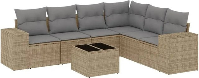 vidaXL 7-teilige Garten-Sofagarnitur in L-Form aus Poly-Rattan mit Kissen in Beige und Grau - Bild 1