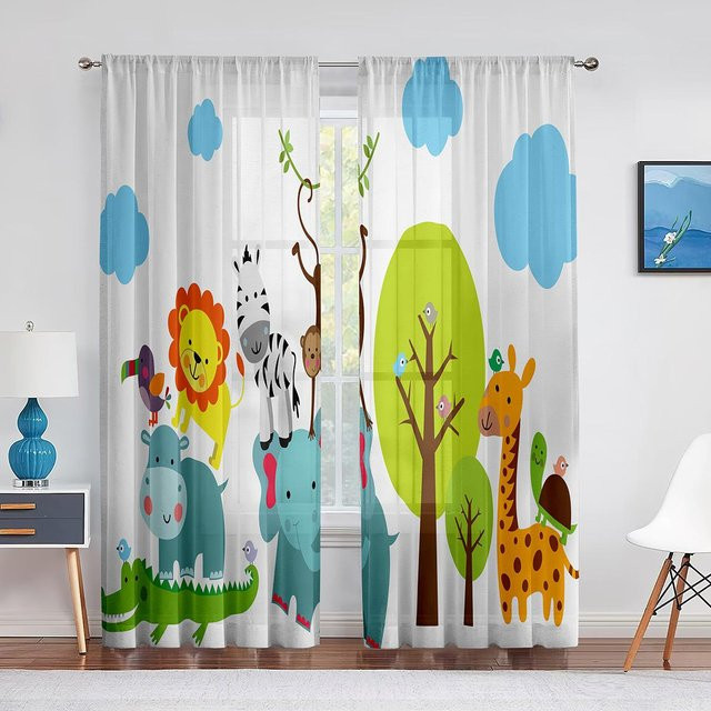 Yiran Furniture Transparenter Voile-Vorhang mit Dschungel-Safari-Tierprint für Kinderzimmer, 2er-Set, Farbe: Weiß/Mehrfarbig, Breite: 65 cm, Höhe: 60 cm - Bild 1
