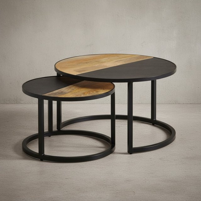 KADIMA DESIGN Couchtisch Set aus Mango Massivholz und Eisen in Braun und Multicolour, 2er Set runde Couchtische mit Steinoptik, Durchmesser: 60 cm, Höhe: 36 cm - Bild 1