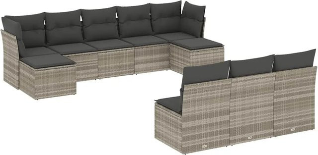 vidaXL 10-tlg. Garten-Sofagarnitur in L-Form aus Poly-Rattan mit Kissen und Ottoman, Hellgrau - Bild 1