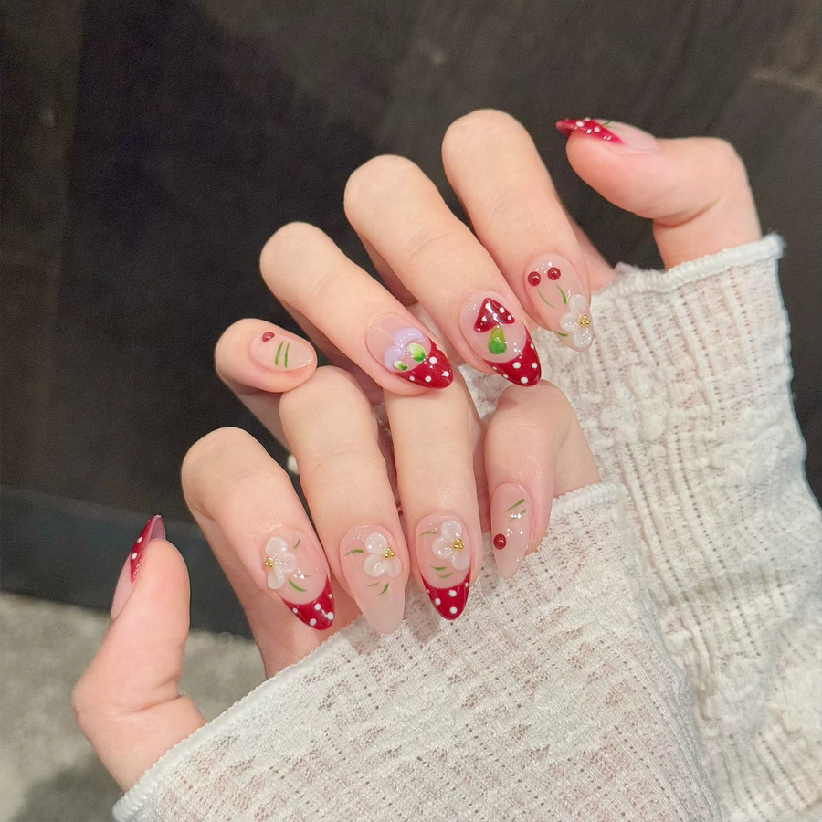 YADORNOS Künstliche Nägel, Rot-Weiße Polka-Dots, Pilz- und Blumendekor, Glänzend - Bild 2