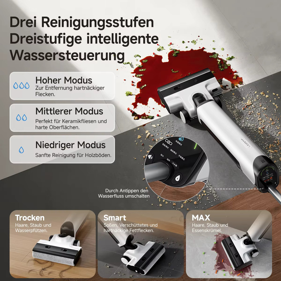 UWANT D500 Nass-Trockensauger in Weiß mit 17000 Pa Saugkraft, 180 Grad Lay-Flat Funktion, AI Selbstreinigung und 65 Grad Celsius Heißlufttrocknung sowie dreiseitiger Randreinigung - Bild 6