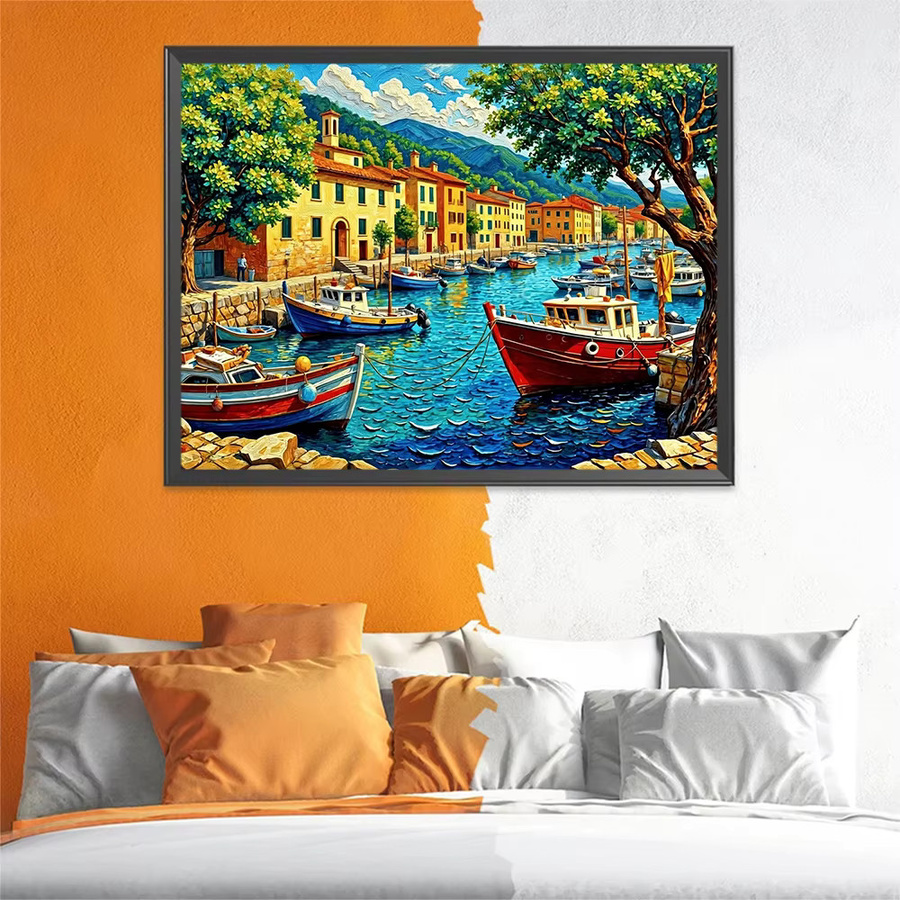 EverShine Diamantmalerei Küstenlandschaft mit Haus und Boot als quadratisches Strass-Mosaik in Multicolour, B/H: 30 x 30 cm - Bild 3