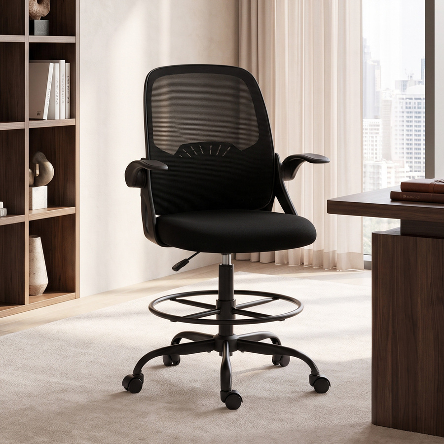 HOMCOM Arbeitsstuhl Schwarz mit verstellbarer Lendenstütze, Fußring und hochklappbaren Armlehnen als moderner Drehstuhl für das Home-Office - Bild 2