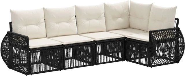 vidaXL Gartensofa-Set 5-teilig in Schwarz und Cremeweiß aus Poly-Rattan mit L-Form, Eckelement, Ottoman und Polsterkissen - Bild 1