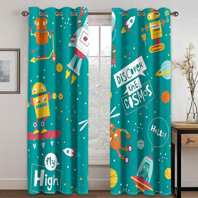A Family Of Home Textiles 2er-Set dünne Fenstervorhänge mit 3D-Weltraum-Motiv Blau, Breite: 135 cm, Höhe: 185 cm - Bild 1