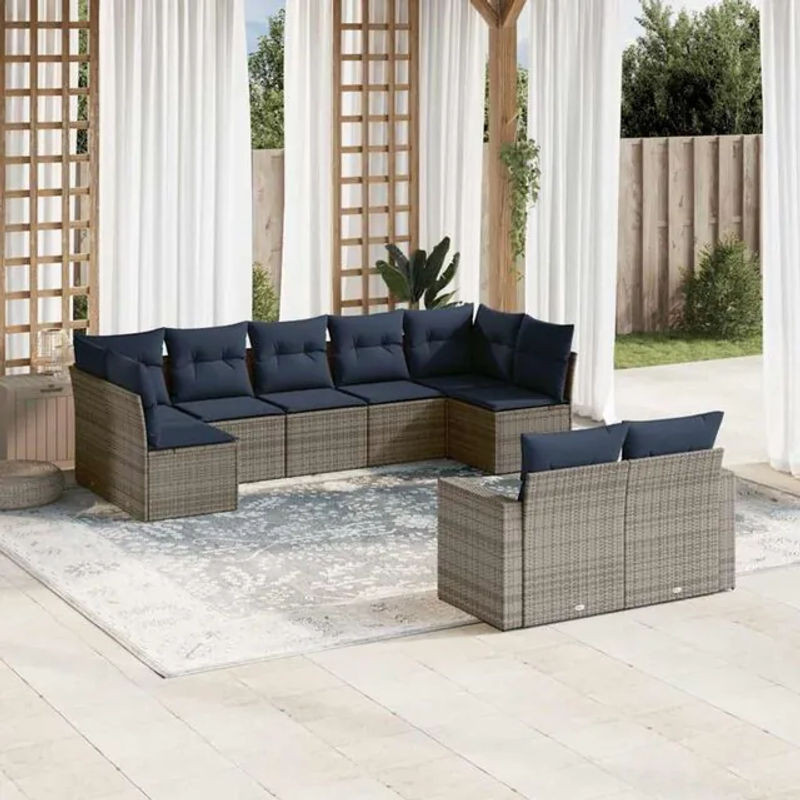 9-teilige moderne Garten-Sofagarnitur mit Kissen aus grauem Poly-Rattan von vidaxl - Bild 1