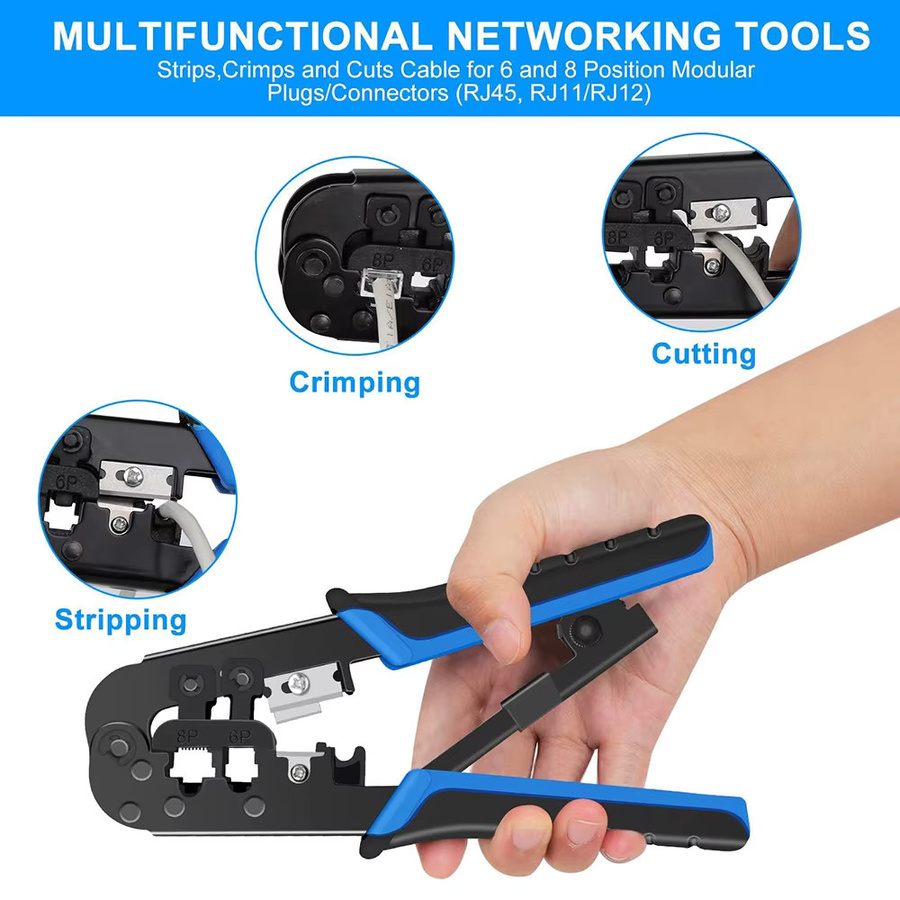 WOZOBUY RJ45 und RJ11 Crimpzange in Blau für Ethernet Netzwerk LAN Kabel mit Cutter und Stripper für 6P 8P RJ-11/RJ-12/RJ-45 - Bild 5