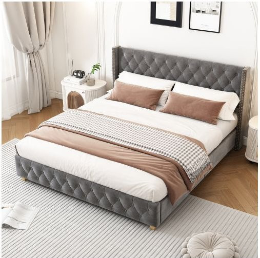 MUVOE Bett mit Samtbezug und Kopfteil mit Nieten, grau, B: 180 cm, T: 200 cm - Bild 1