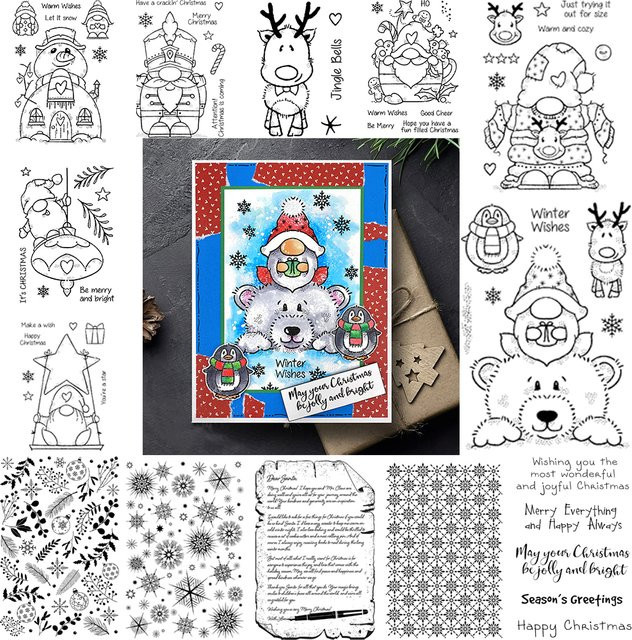 Transparente Silikonstempel Set für Scrapbooking und DIY Bastelarbeiten mit Weihnachts-Motiven wie Gnome, Schneemann, Baum und Schneeflocken - Bild 1
