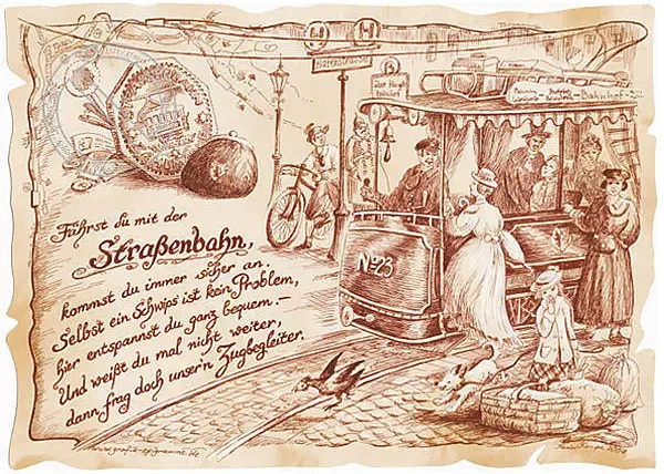 Tantum Graphic Zunftbild Straßenbahn auf Antikpapier als Vintage Poster in A4, Mehrfarbig
