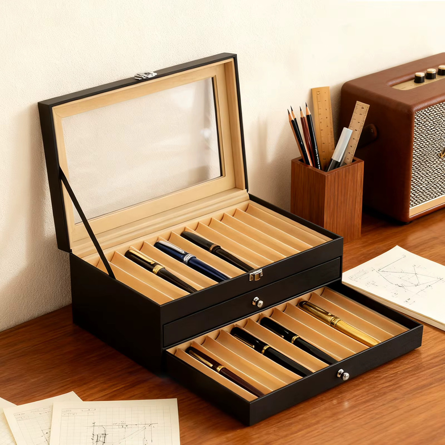 Bymaocar Stift-Display-Box mit 36 Fächern und Schubladen, 3-stufiger Stifte-Organizer aus PU-Material, Schwarz - Bild 2