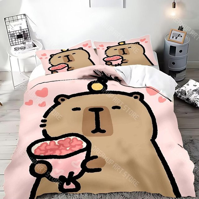 Bettwäscheset mit Cartoon Capybara Motiv von Binchi Fitness in Pink, bestehend aus Bettdecke und Kissenbezug, Breite: 140 cm, Höhe: 210 cm - Bild 1