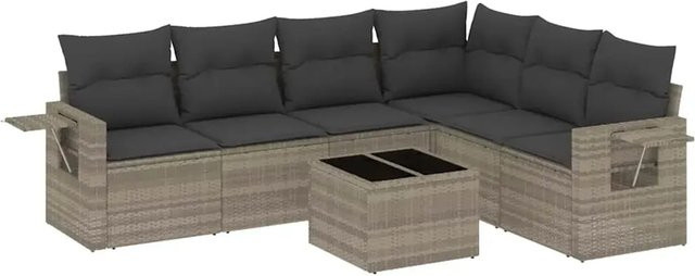 vidaXL 7-tlg. Garten-Sofagarnitur in L-Form aus PE-Rattan mit hellgrauen Kissen und pulverbeschichtetem Stahlgestell - Bild 1