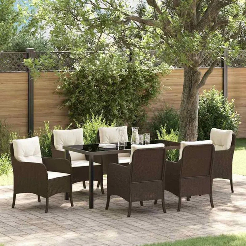 vidaXL Garten Essgruppe aus Poly Rattan und Metall mit Glasplatte und 7 Kissen in Braun - Bild 1