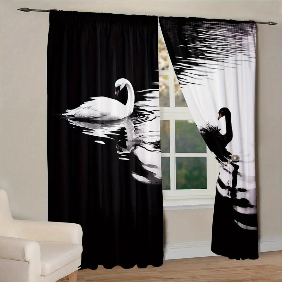 Yiran Furniture 2er-Set halbtransparente Fenstervorhänge mit 3D-Druck Motiv Schwäne und Rose, Polyester, Mehrfarbig, B: 100 cm, H: 130 cm - Bild 1