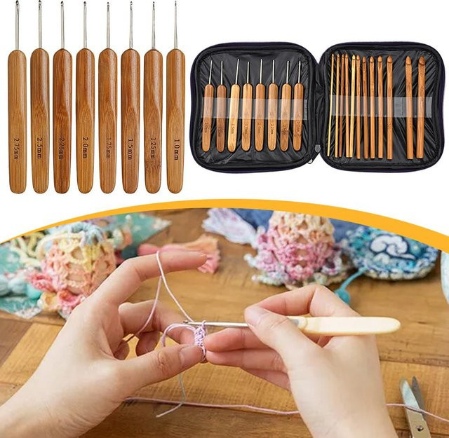 Häkelnadel-Set aus karbonisiertem Bambusholz in Braun mit Aufbewahrungsbox für DIY-Handarbeiten - Bild 1