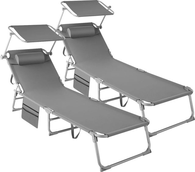 tectake 2er Set Sonnenliege klappbar grau mit Sonnendach und verstellbarem Kopfpolster B/T/H: 190 x 68 x 111 cm - Bild 2