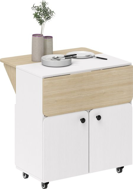 HOMCOM Klappbarer mobiler Esstisch mit Rollen und Stauraum für 2-4 Personen, Weiß und Naturholz, B/T/H: 70 x 83 x 75 cm - Bild 1