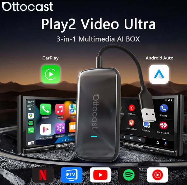 OTTOCAST Play2Video Ultra Carplay Ai Box Schwarz – Kabelloser Android Auto Adapter mit YouTube und Netflix via Wi-Fi und Bluetooth - Bild 1