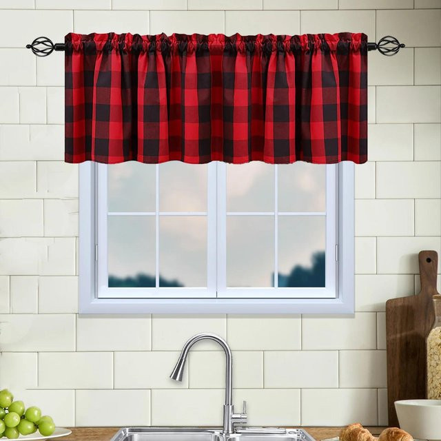 Super Six Fenstervolant Buffalo Check Plaid in Rot und Schwarz, Bauernhaus Design, halbtransparent, Breite: 145 cm, Höhe: 150 cm - Bild 1