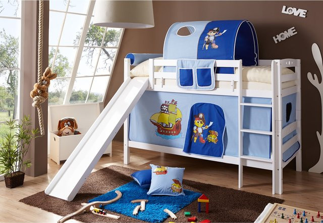 TiCAA Etagenbett Lupo für Kinder aus massiver Buche mit Rutsche, Farbe Weiß - Bild 1