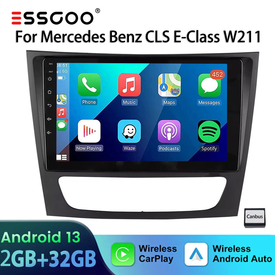 ESSGOO Android 13 Autoradio mit 9 Zoll Touchscreen, 4 Kerne, 32GB/64GB, CarPlay, GPS, Bluetooth und FM RDS für Mercedes GLS E-Class W211 W219, Schwarz - Bild 5