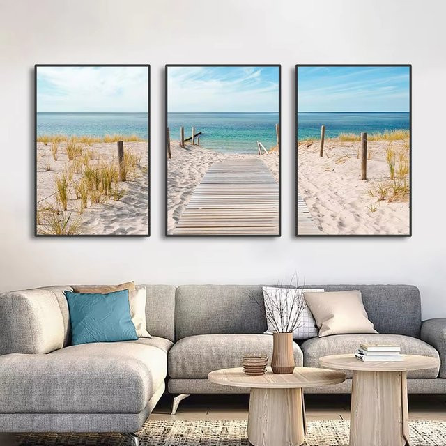3-teiliges Leinwandbild von Potdemiel mit Meereslandschaft in Blau, dekorative Wandkunst für dein Zuhause - Bild 1