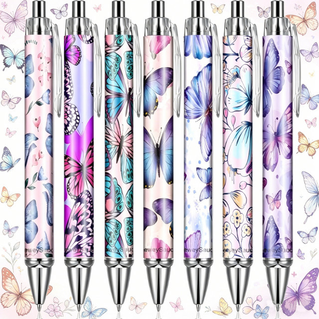 8 Stück lila Glitzer-Schmetterlings-Kugelschreiber mit einziehbarem Design für sanftes Schreiben - Bild 1