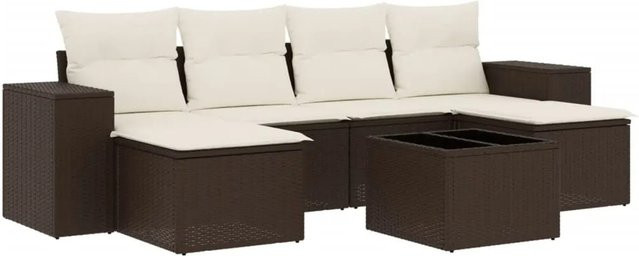 vidaXL 7-teilige Garten-Sitzgruppe in L-Form mit Kissen, Braun, wetterbeständiges Poly-Rattan und Metallgestell - Bild 1