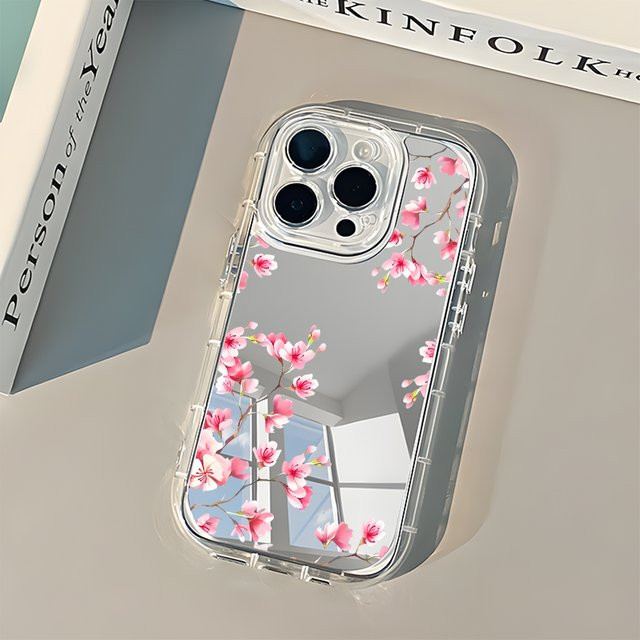 Handyhülle mit rosa Kirschblüten-Design und Rückspiegel für iPhone 11 bis iPhone 17 Pro Max, weiche Hülle in Pink und Transparent - Bild 1